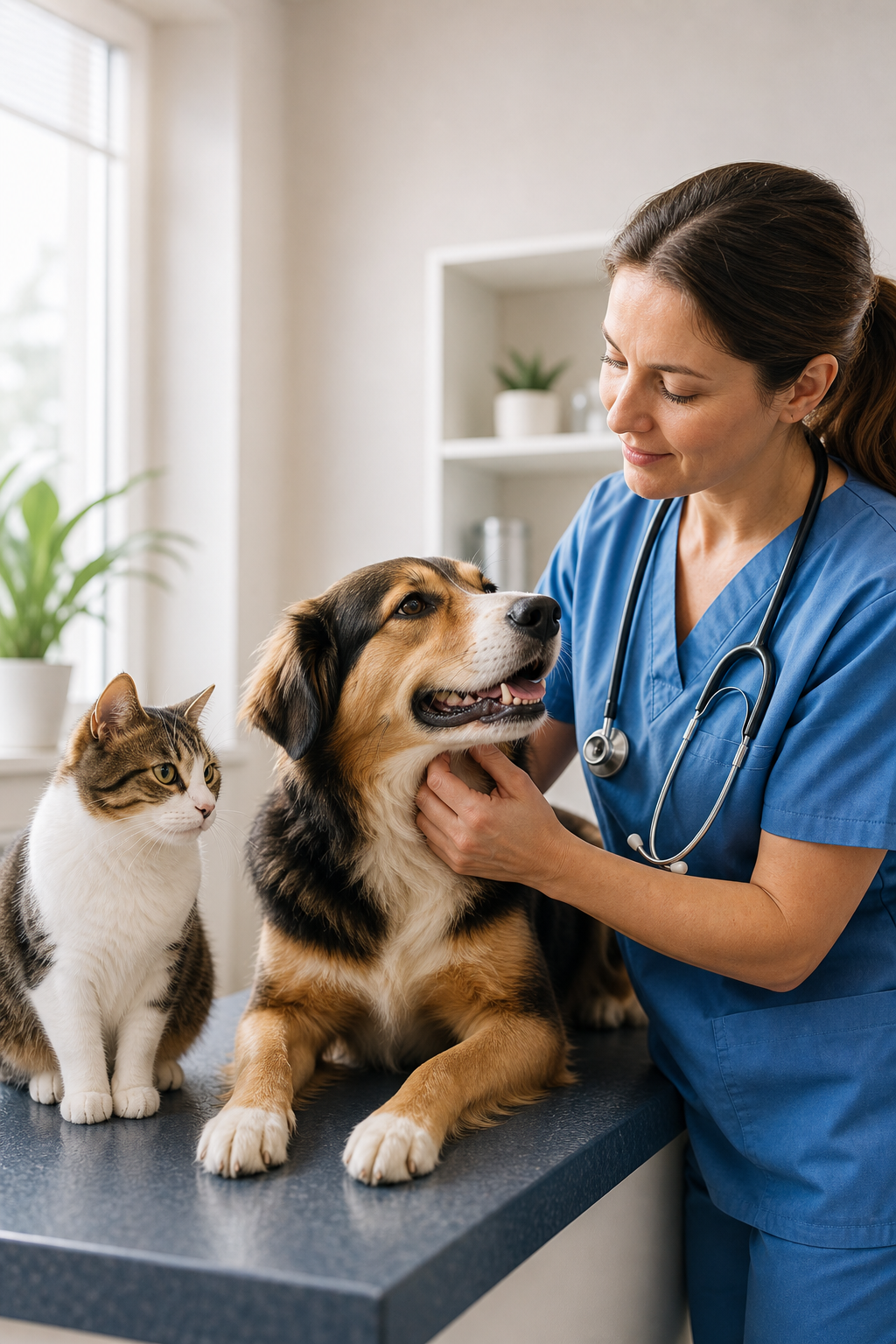 A veterinary surgeon examining a dog and cat at a practice in Swindon
